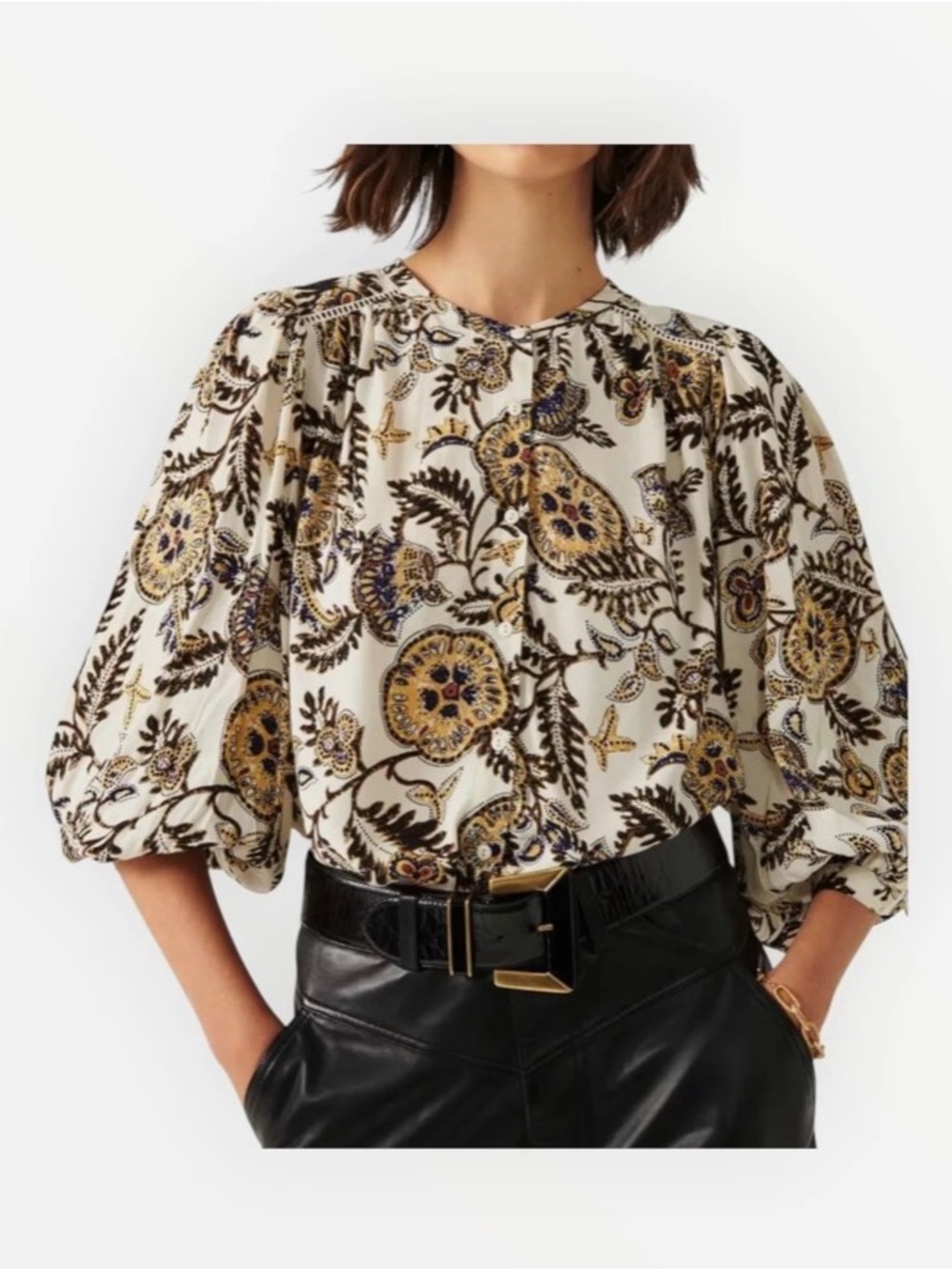 ba&sh Valska Shirt Ecru Paisley Print Boho Blouse Balloon Sleeve Size S